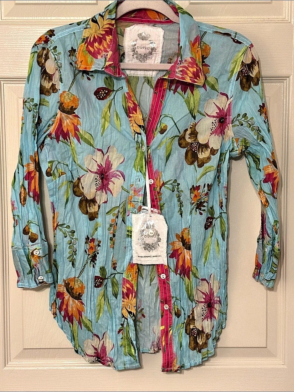 CINO Tropicana Floral Crinkle Cotton Button Down in Blue Size Large NWT